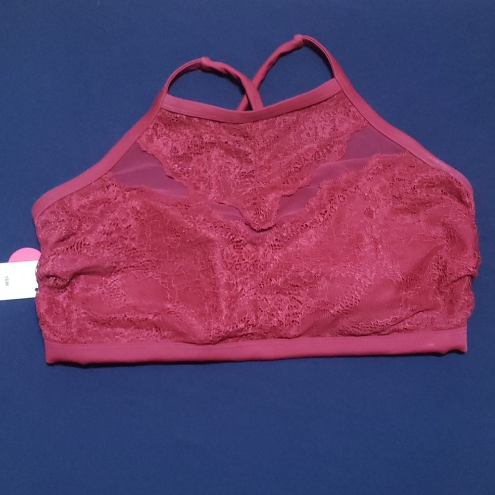 Red lace and mesh bikini top